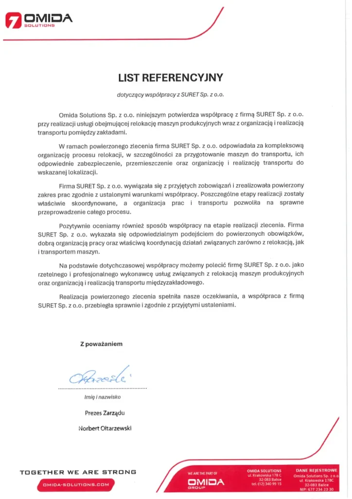 List Referencyjny dla Suret Omida Solutions